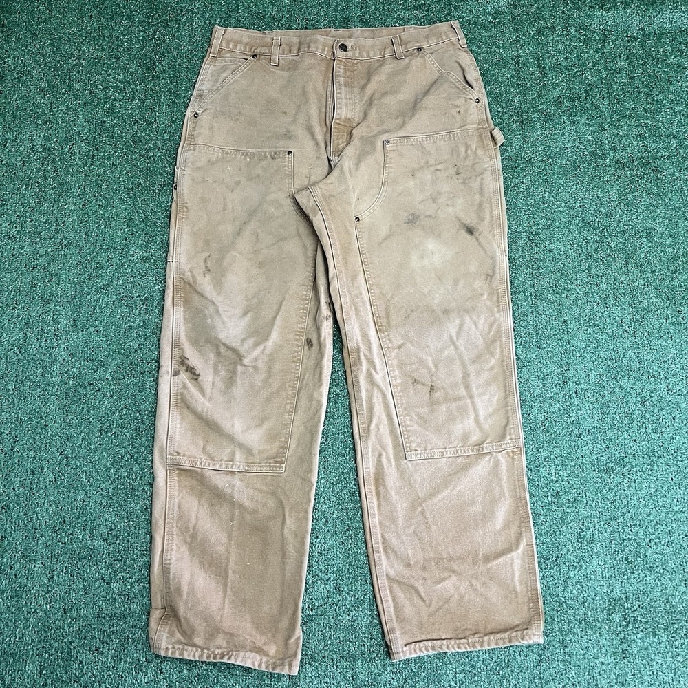 Carhartt B136 BRN Vintage Double Knee Pants Mens 38x32 Tan Distressed Grunge